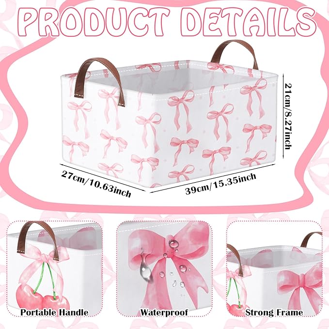 Boao 3 Pcs Coquette Pink Bow Storage Bin Collapsible Large Storage Baskets for Gifts Empty Candy Holiday Decor Canvas Laundry Basket Foldable Box with Handle for Office Home Bedroom Clothes