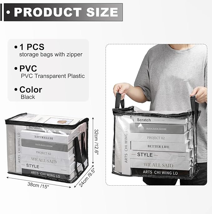 PATIKIL 15x9.5x12.6in Clear Storage Bags, Plastic Storage Bags Clear Small Zippered Organizers Foldable Closet Bed Sheet Organizer Cube with Zipper Handles for Book Clothes Yarn,L, Black