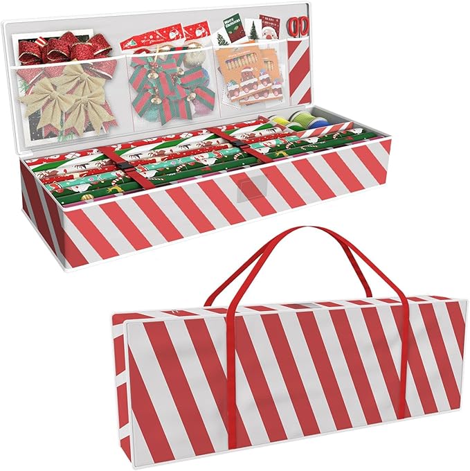 Safana Wrapping Paper Organizer Storage Bag, 42" Durable 600d Oxford Wrapping Organizer Box Under Bed Storage Containers for Decorations Paper Rolls, Ribbons, Balls, Bows (Red Stripe)