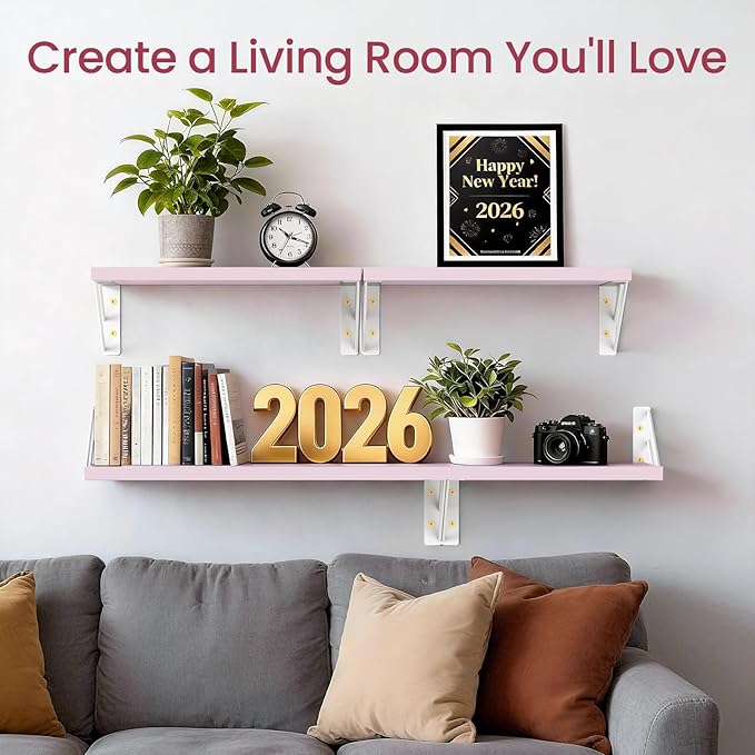 BAYKA Wall Shelves for Bedroom Decor, Floating Wall Shelf for Living Room Kitchen Storage, Mounted Rustic Wood Shelves for Kids Books, Corner Shelf for Bathroom(Pink，16in，Set of 4)