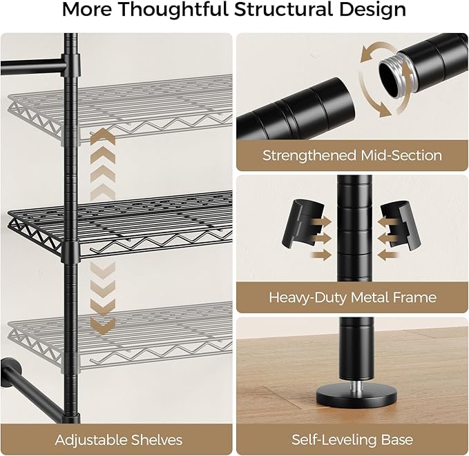 Closet Organizers and Storage, 4-Row Heavy Duty Clothes Rack for Hanging Clothes, Wall Mounted Closet System with 4 Telescopic Rods, 2 Fixed Rods, 5 Hooks, 8 Shelves for Wardrobe, Bedroom, Small Space