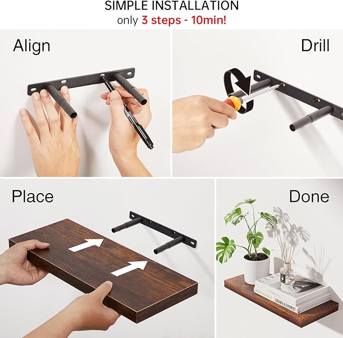 BAYKA Floating Shelves Bathroom for Wall – Shelf Over Toilet Farmhouse Rustic Wood for Bedroom, Kitchen, or Living Room Decor Organization, Christmas Decor Shelves – Rustic Brown, Set of 3