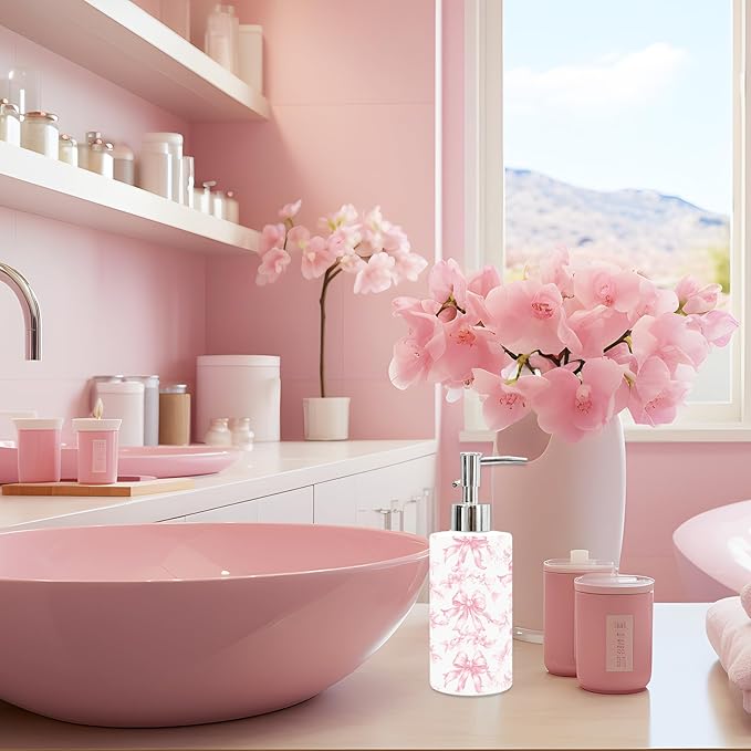 JarThenaAMCS Valentine's Day Pink Bow Floral Soap Dispenser Glass Dispenser with Pump Refillable Vintage Chinoiserie Bow Flower Liquid Soap Container for Kitchen Bathroom Countertop Decor