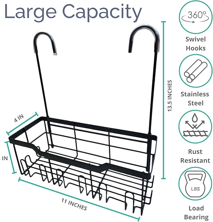 Heavy-Duty Black Hanging Shower Caddy with Rotatable Hooks and Adhesives - Rust-Proof 304 Stainless Steel - Bathroom Caddy for Organizing Your Shower Essentials