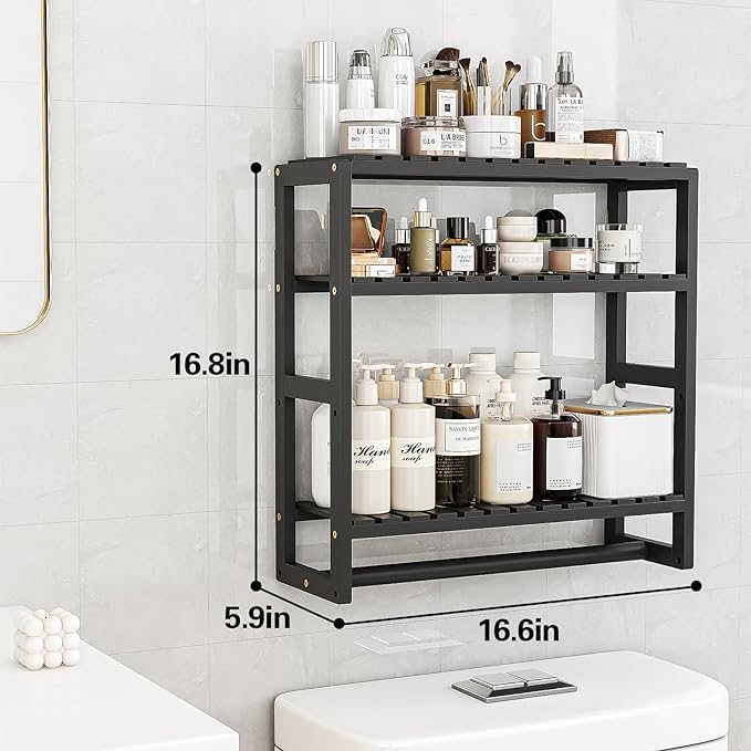 Over The Toilet Storage Bathroom Shelves Wall Mounted 3 Tier Space Saver Corner Shelf Organizer Bamboo Towel Rack Toilet Paper Cabinet with Hanging Rod Black Sets