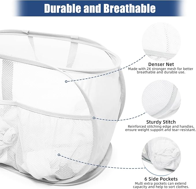 2 Pack Collapsible Laundry Baskets, Upgrade Pop Up Laundry Hamper with Convenient Bags, Foldable Laundry Basket Mesh Light Weight, Easy to Carry Clothes Hampers for Laundry, Dorm, Toys, Travel White