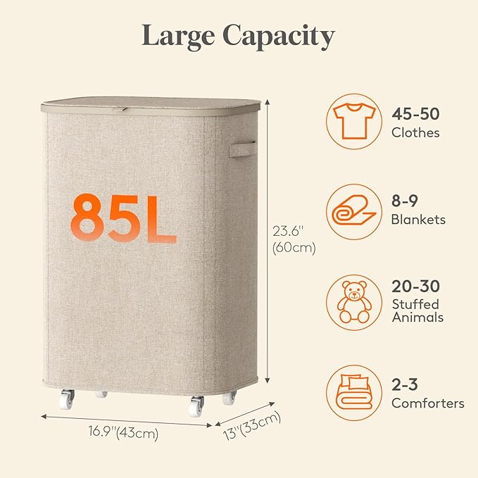 Lifewit 85L Plastic Laundry Basket with Lid, Large Clothes Hamper with Wheels and Removable Bag, Tall Collapsible Rolling Storage Bin for Dorm Bedroom Bathroom, Beige