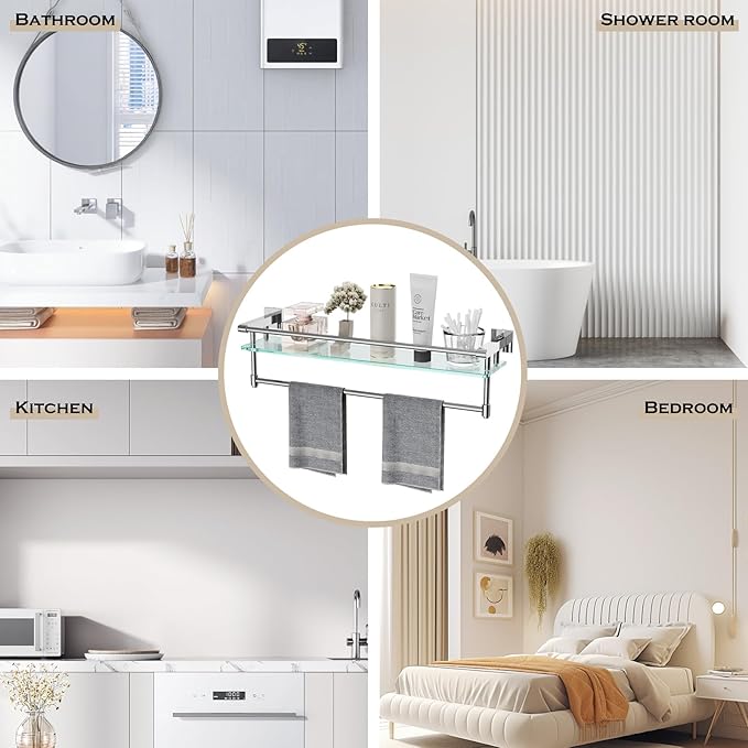 SFGSOWOR Bathroom Glass Shelf with Towel Rack Organizer Wall-Mounted Bathroom Storage SUS304 Stainless Steel Towel Bar/Track Wall-Mounted Tempered Glass Shelves (Chrome Polished, 20-inch)