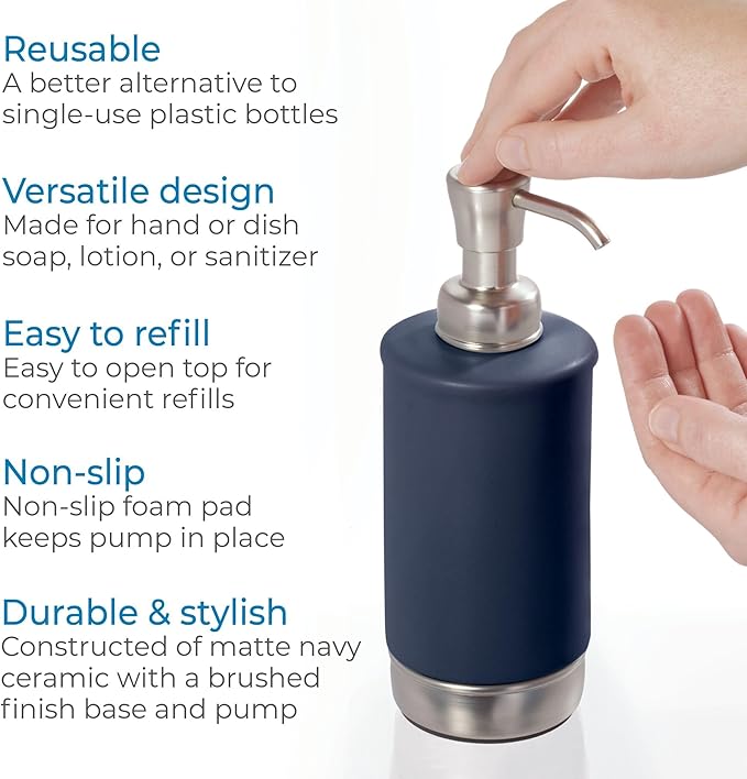 iDesign Hand Soap Dispenser for Bathroom or Kitchen - Refillable Soap Pump Bottle - Navy Blue/Brushed Nickel