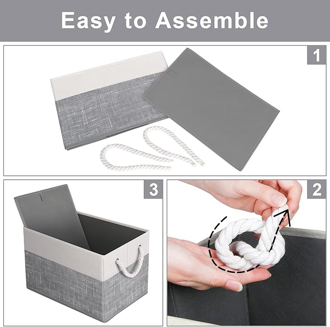 Fab totes Storage Bins [2-Pack], Foldable Storage Baskets for Organizing Toys, Books, Shelves, Closet, Large Storage Box with Rope Handles, Sturdy Organizer Bins, White & Grey