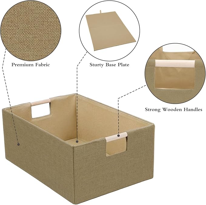 Foldable Fabric Storage Basket for Shelves, Linen Decorative Storage Bin with Wooden Handles, Small Organizer Cube for Closet, Rectangle Canvas Box for Organizing, Decor, 15x10.6x6 Inches (Brown)