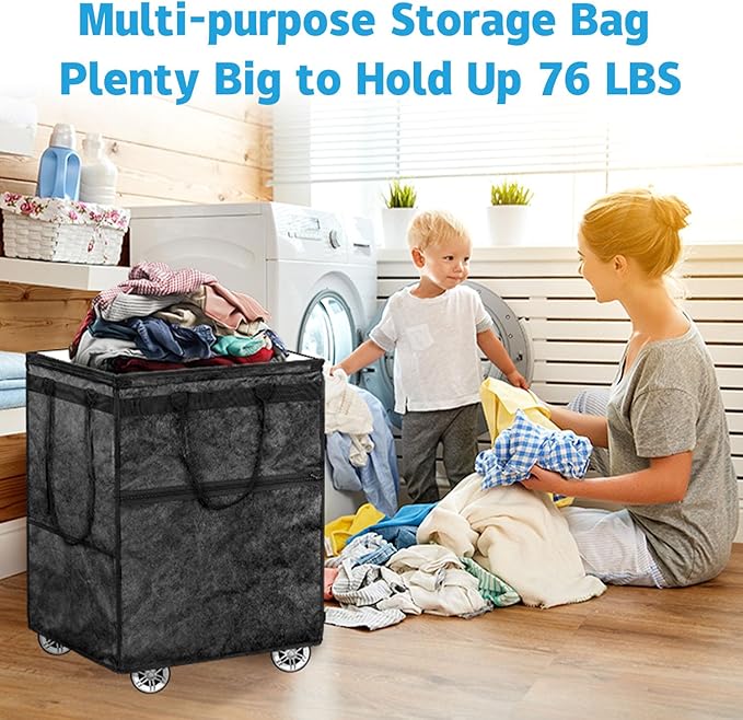Boczif Large Laundry Basket Hamper Bag, Reusable Grocery Bag Collapsible Cart with Wheels and Handle, Rolling Tote Shopping Bags Storage Organizer for Clothes & Groceries, Trip, Sports, Picnic (Black)