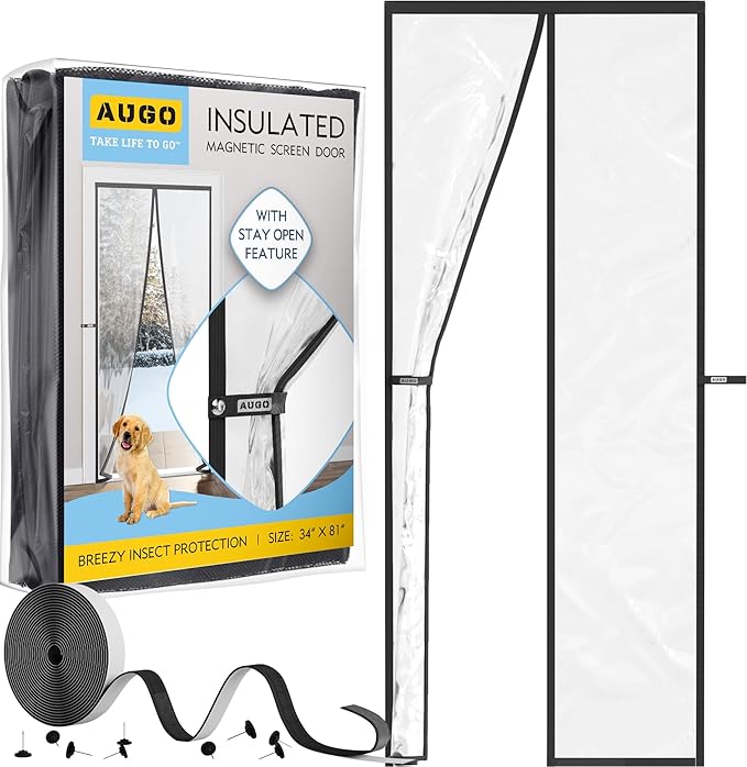 AUGO Magnetic Thermal Insulated Door Curtain - Transparent EVA Door Cover for Winter- Keeps Warm Air in and Cold Air Out - Home Winterizing Products - Patent Pending Keep Open Feature - 34 x 81 Inch
