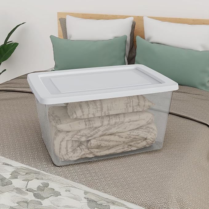 Sterilite 6 Pack Storage Boxes, Clear Plastic Stackable Containers, Lightweight Home Organizers with Snap Lids, 58 Quart, White