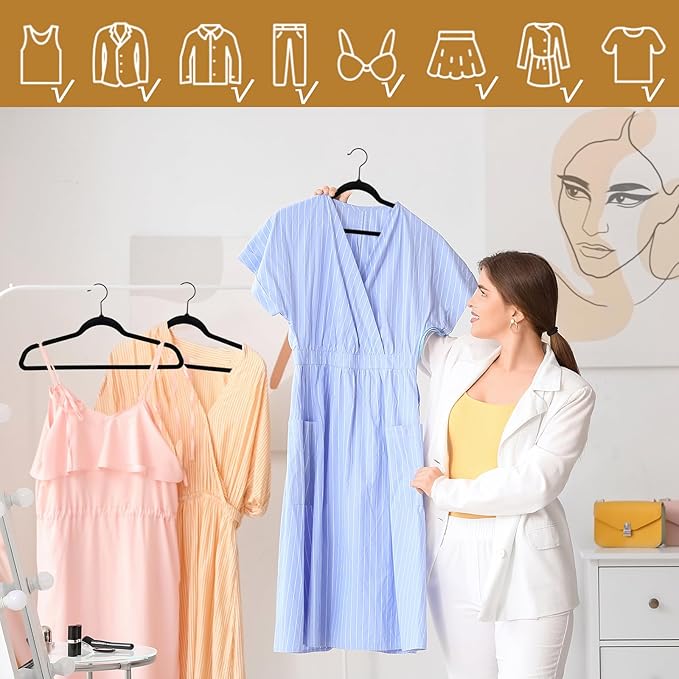SUPER DEAL Velvet Hangers 100 Pack, Premium Clothes Hanger Slim Non-Slip Notched for Suit Coat Pants Dress 360 Degree Swivel Space Saving Heavy Duty for Closet, Black