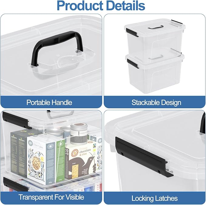 Knifefish Clear Plastic Storage Containers Bins Boxes with Lids and Handles, 10.5 L Clear Storage Latch Box, 4 Packs
