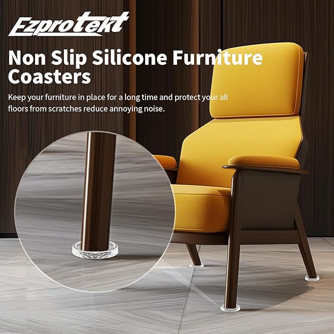 Ezprotekt Non Slip Furniture Pads, 16 Pcs 1.6" Anti Skid Rubber Caster Cups, Round Furniture Coasters for Hardwoods Floors, Anti-Slip Furniture Grippers, Furniture Stoppers to Prevent Sliding (Clear)