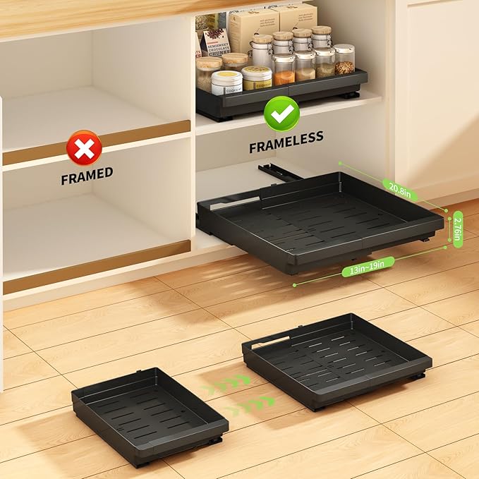 2 Pack Pull Out Cabinet Organizers Expandable (13''-19''), Plastic Slide Out Drawers for Kitchen, Bathroom, Pantry, Under Sink Storage, Pull Out Drawers Fixed with Adhesive Nano Film (Black)