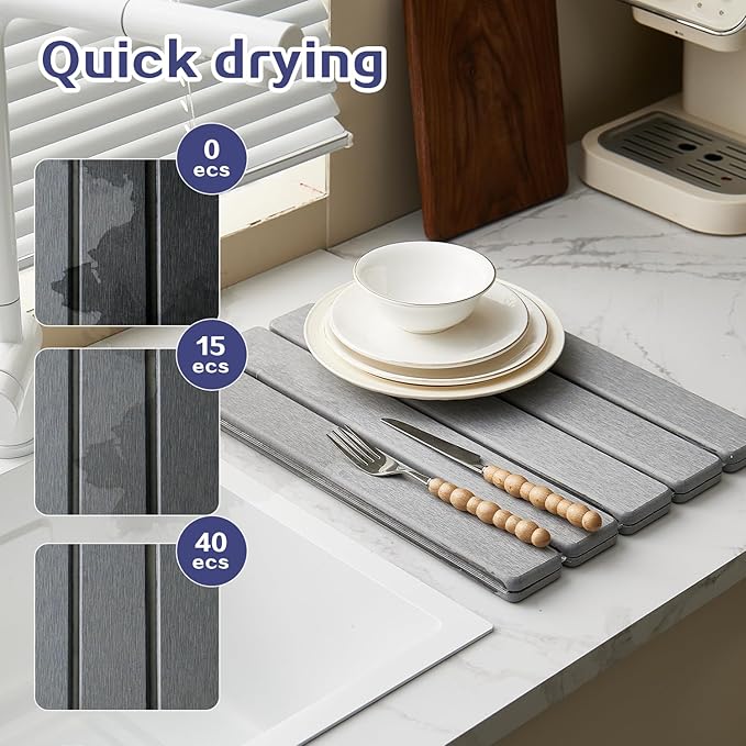 ODE TO ORDER 23.6 Inch Super Absorbent Diatomaceous Earth Mat for Bathroom, Light Grey Easy Clean Rollable Foldable Stone Bath Mat, Non-Slip Quick Dry Shower Mat for Kitchen,Outdoor Use