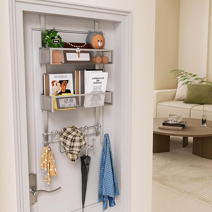 HapiRm Over The Door Hanger with Coat Hooks and 2 Baskets, Rustproof & Waterproof Over The Door Hooks, Storage Organizer for Hats, Bathroom, Kitchen, Bedroom-Silver (for 1.76in Doors)