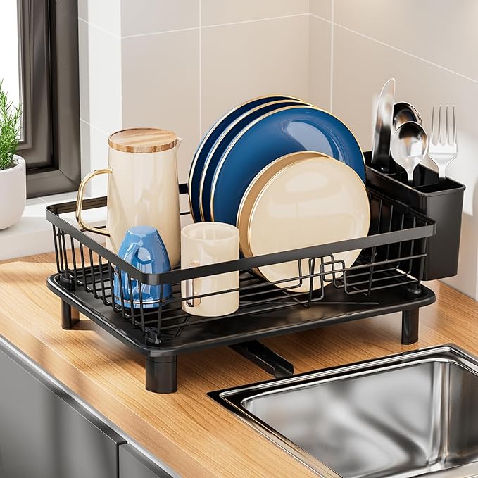 Dish Drying Rack, Stainless Steel Dish Racks for Kitchen Counter, Sink Organization and Storage Essentials, Kitchen Organizer for Forks, Spoons Dishes,Cup and Bottle (Black, 14.96''*11.02''*6.69'')