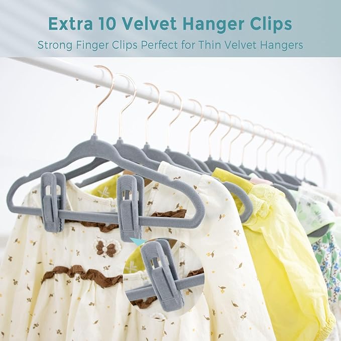 14 Inch Kids Velvet Hangers – 50 Pack | Non-Slip, Space-Saving Closet Hangers for Big Kids & Youth | Durable Felt Hanger with 10 Clips (Gray)