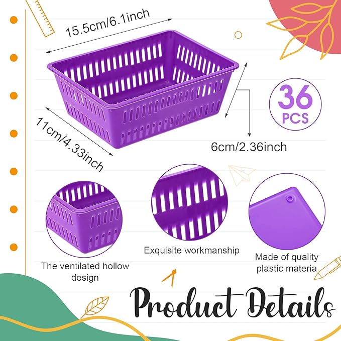 Sherr 36 Pack Classroom Storage Basket Small Plastic Basket for Organizing Crayon Pencil Container Storage Bin Tray Holder for Paper Shelf Back to School Office Supply 6.1"l x 4.3"w x 2.4"h(Purple)