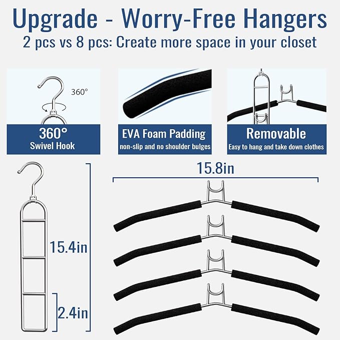 Clothes Hangers Space Saving, Newly Upgraded Detachable Shirt Hangers, 4-Tier Non-Slip Coat Hanger with 360° Swivel Hook for Closet Organizers and Storage Shirt,Sweater,Suit - 4 Pack, Patent Pending