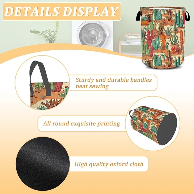 Tropical Cactus Laundry Basket, Foldable Waterproof Oxford Cloth Laundry Hamper Funny Tote Bag Dirty Clothes Storage Bucket Toy Organizer for Bathroom/Laundry/Bedroom 15.7"x19.6"