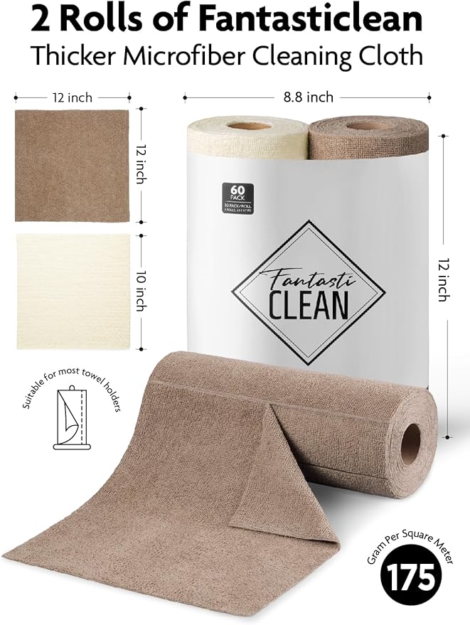 Fantasticlean Microfiber Cleaning Cloth Roll -60 Pack, Tear Away Microfiber Towels, 12" x 12", Reusable, Washable, Scratch Free, Ultra Absorbent Dishcloth for All-Around Cleaning (Beige & Tan)