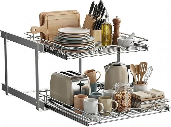 2-Tier Pull-Out Cabinet Organizer with Heavy-Duty Steel Frame, Full-Extension Sliding Shelves, Holds 100 lbs, Easy Install for Kitchen, Pantry & Under Sink Cabinets, 20" W x 21”D x 16.5" H