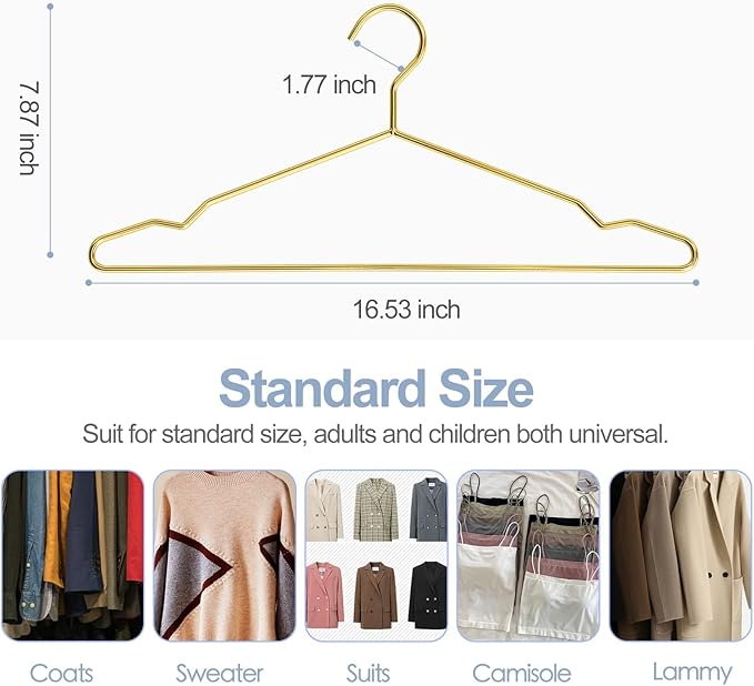SPECILITE Metal Wire Clothes Hangers Bulk 100 Pack with Notches for Standard Size Coats, Shirts, Suits, Pants, Heavy Duty, Space-Saving, Gold