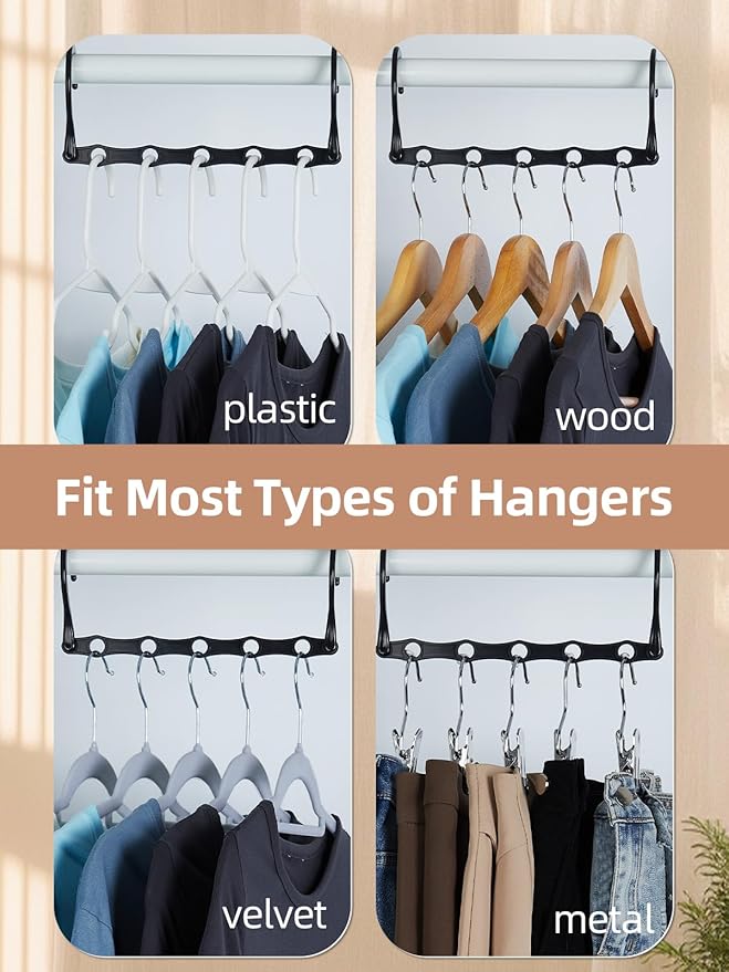 HOUSE DAY Space Saving Hangers, Black, 8 Pack, Collapsible Closet Organizer, Smart Hangers Plastic, Space Saver Hangers with 5 Holes, Sturdy Closet Organizers and Storage