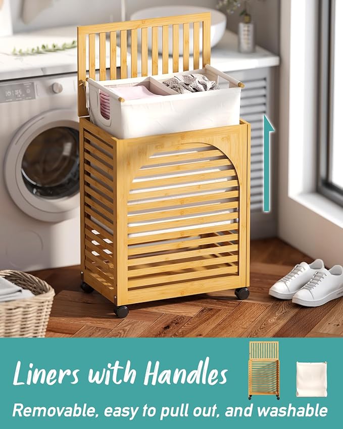 Laundry Hamper with Wheels, Large Laundry Basket with Lid, 27.3 Gallon (103.4L) Bamboo Wood Clothes Laundry Hamper 2 Section with Handles, Removable Liner