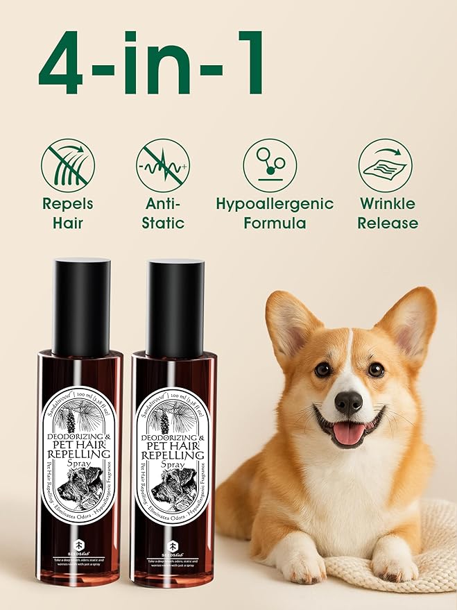 4-in-1 Pet Hair Repellent Spray, Pet Hair Dissolver & Odor Neutralize, Plant Based Enzymes, Safe for Pets, Clothes & Furniture, Refresh Pine Nut Scent, 6.76 fl oz, 2 Travel Pack
