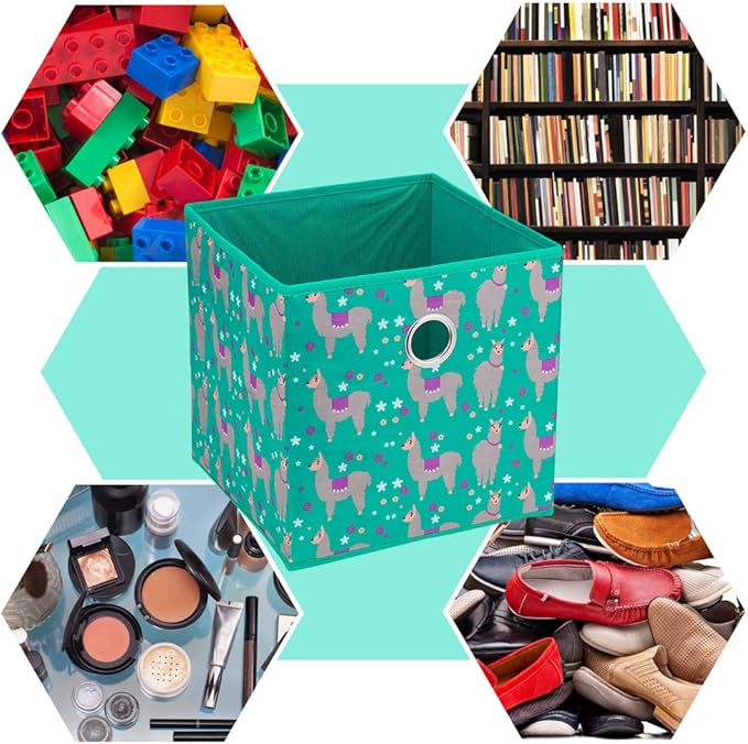Fabric Strorage Cubes Box Basket Bins Foldable 10x10x10 Inch Lake Green Alpaca Pattern for Closet Organizer Inserts Drawers ,QY-SC16-3