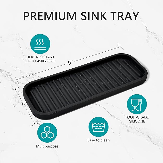 Mofason Silicone Sponge Holder Kitchen Sink Organizer Tray Dish Caddy Soap Dispenser, Scrubber Spoon Holder, Dishwashing Accessories (Black, 2 Pack)