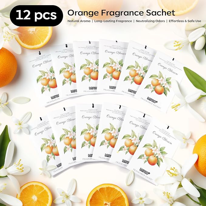 MYARO 12 Packs Orange Blossom Scent Sachets for Closet Home Long Lasting Shoe Odor Deodorizer Bathroom Car Air Frehener