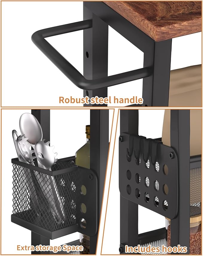 TORIBIO Slim Storage Cart, 5 Tier Narrow Kitchen Rolling Cart with Wheels for Small Space,Mobile Utility Cart Shelving Unit with Metal Frame and Wooden Top for Kitchen, Bathroom, Laundry Room