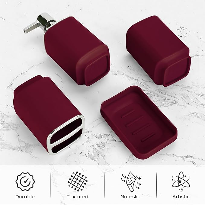 4Pack Bathroom Accessories Set, Bohemian Bathroom Sink Set, Contain Soap Dispenser, Toothbrush Holder, Soap Dish & Mouthwash Cup,Square soap and Toothbrush Holder Set