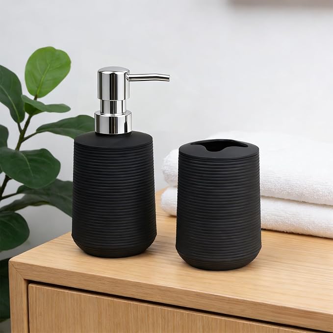 Bathroom Accessories Set, Bathroom Soap Dispenser & Toothbrush Holder Set, 2Pcs High Capacity Bathroom Set in Black, Minimalist Boho Style for Clutter-Free Bathroom