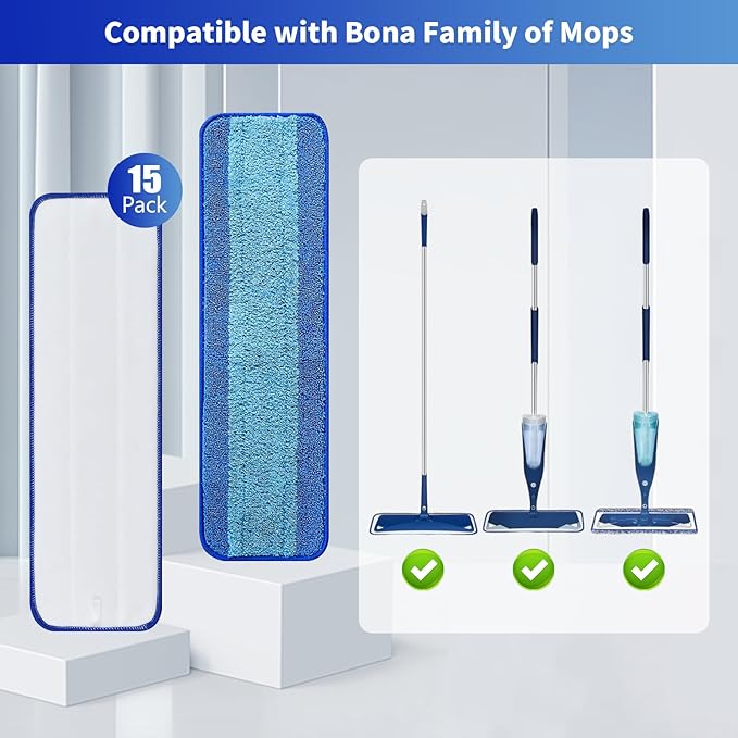 15-Pack Microfiber Mop Pads for Bona - Washable Reusable Refills for Hardwood, Tile & Multi-Surface Floors | Pet Hair & Stain Remover