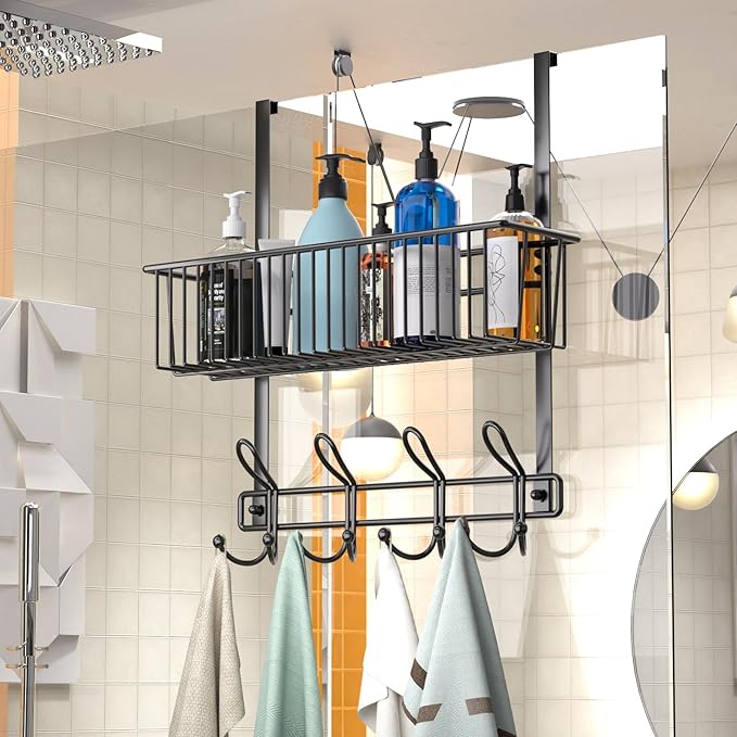 Kaiferty Over The Door Hooks Organizer,Door Hanger Door Storage with Basket,Over The Door Towel Rack Coat Hooks with 12 Hooks,for Bathroom,Bedroom,Kitchen,Office,Apartment(Black)