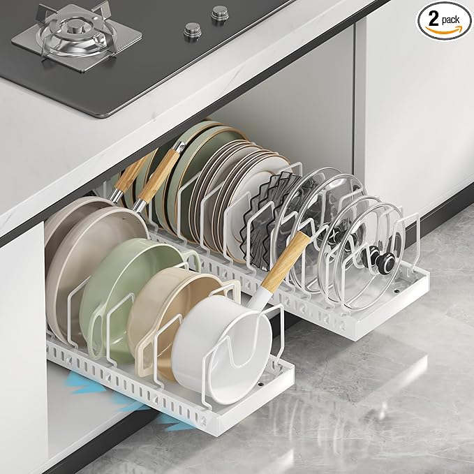 Pots and Pans Organizer Under Cabinet, Pull Out Pots and Pans Organizer, Under Cabinet Pot Lid Holder, Sliding type Pots and Pans Storage for Pot Lid, Bakeware, Dishes, 10 Adjustable Dividers