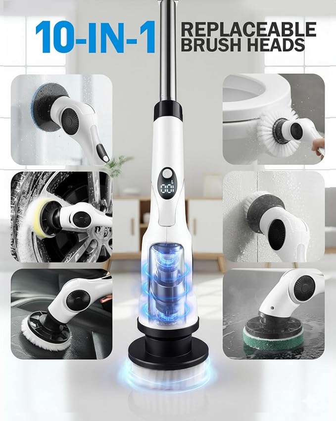 Electric Spin Scrubber, 3-Speed Cordless Shower Scrubber with Long Handle & 10 Replaceable Brush Heads, 90 Mins Runtime & Full-Body IPX7 Waterproof Shower Cleaner Brush for Bathroom Kithchen