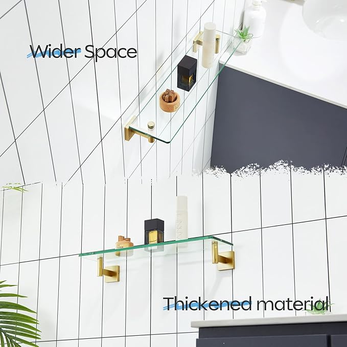 KOKOSIRI Wall Shelves Floating Shelf 20'' Gold Stainless Steel Bathroom Hardware Tempered Glass Hanging Rack Storage/Room Decor 2 Pack B1105BG-L20-P2