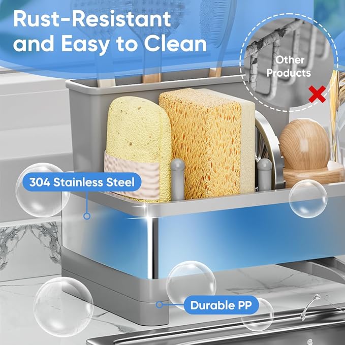 VUSIGN Sponge Holder for Kitchen Sink, Sink Caddy Organizer with Brush Holder, Rustproof Stainless, Self-Draining Sink Organizer for Countertop, Sponges, Brushes, Kitchen Decor and Accessories, Gray