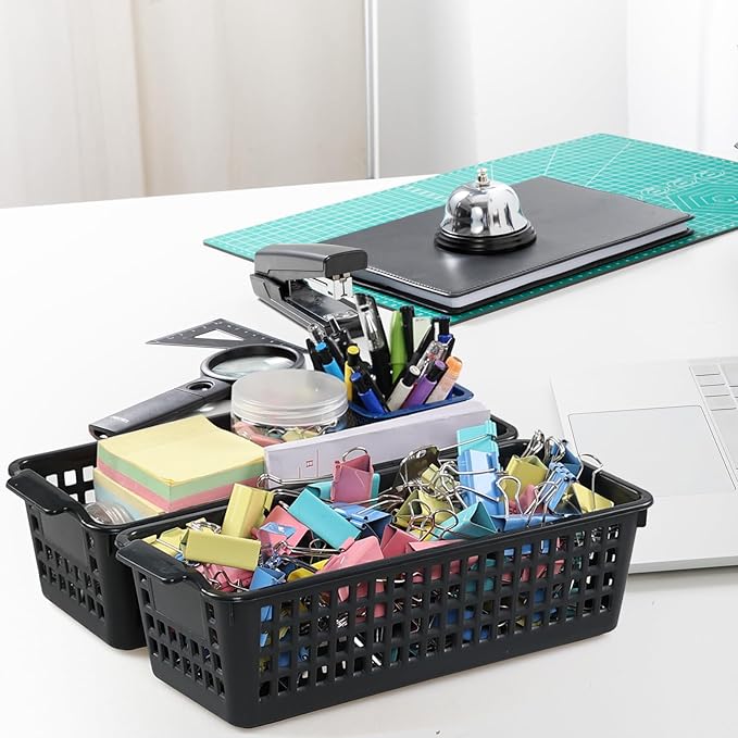 Bringer 6-Pack Slim Plastic Storage Baskets, Black Plastic Rectangle Storage Baskets