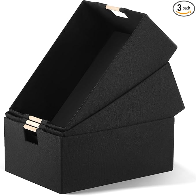 3 Pack Fabric Storage Bins for Closet Shelves, Rectangle Wardrobe Organizer with Handle, Collapsible Shelves Storage Basket for Sorting Clothes and Toy (Black,16.5 x 12.2 x 6.7 Inch)