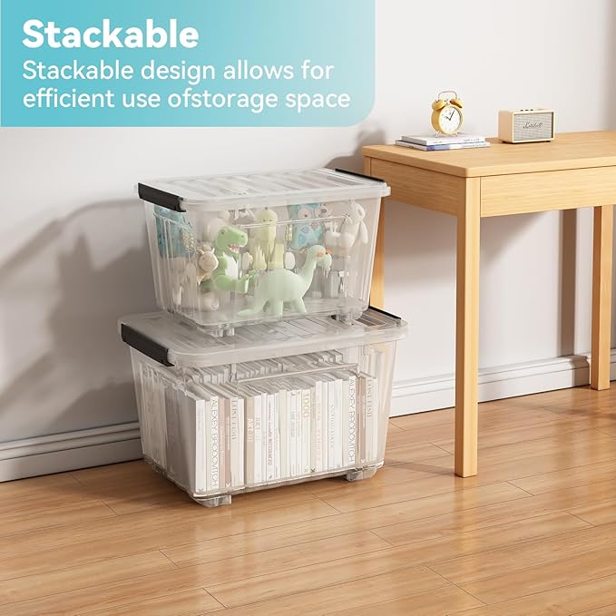Nazhura 97Quart Plastic Storage Bin, Stackable and Nestable Storage Boxes with Clear Lids and Secure Latching Buckles, Large Storage Container (Clear, 97Quart-6Pack)